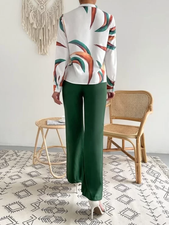 Random Print Button Up Blouse & Solid Belted Pants - Image 2