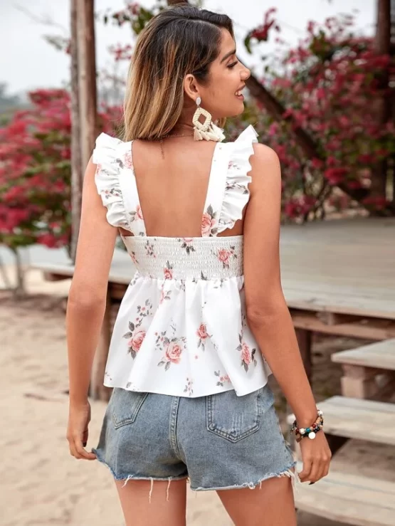 Floral Print Ruffle Trim Shirred Tank Top - Image 2