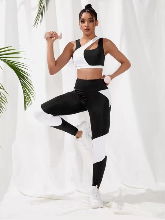 Two Tone Wide Cut Out Waistband Sports Set - Image 3