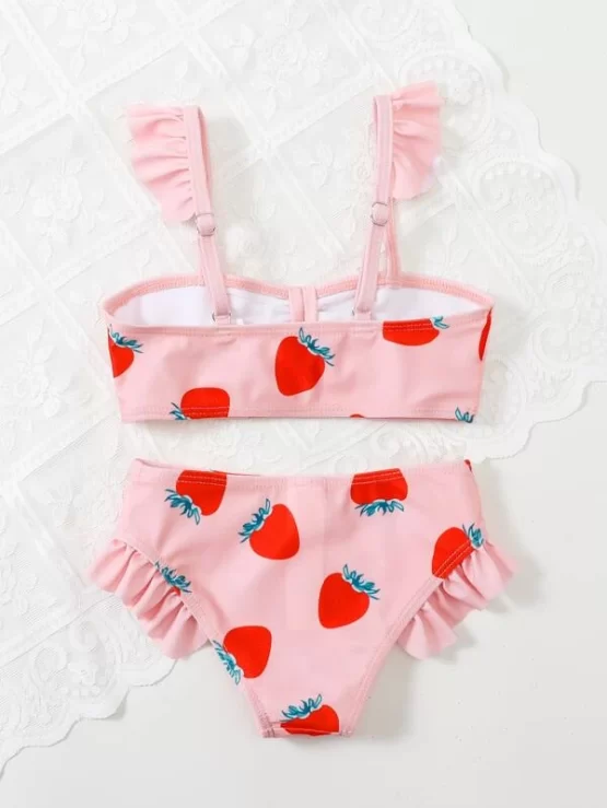Toddler Girls Strawberry Print Bow Front Bikini Swimsuit - Image 3