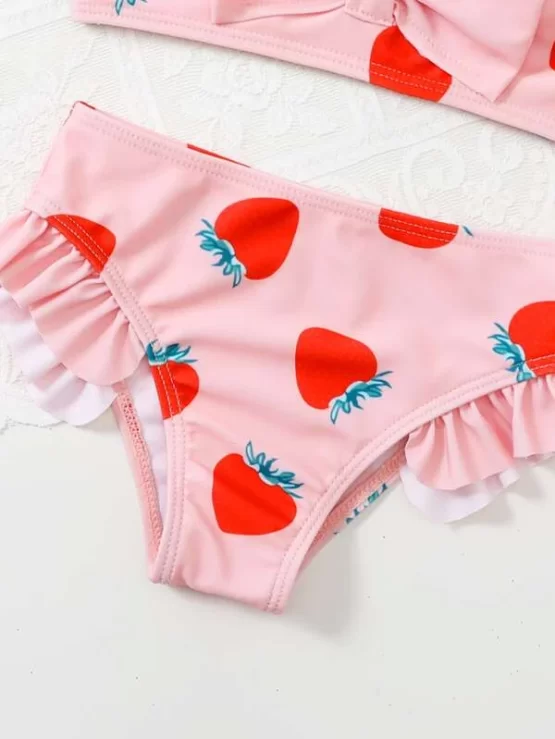 Toddler Girls Strawberry Print Bow Front Bikini Swimsuit - Image 2