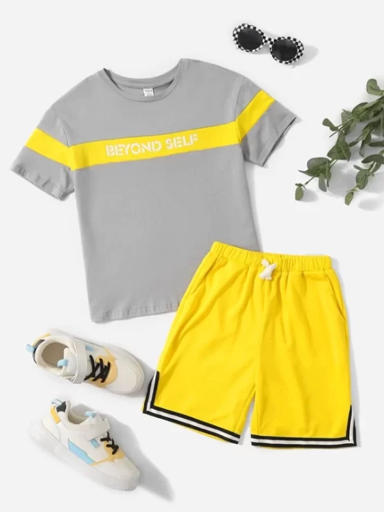 Boys Letter Graphic Colorblock Tee & Striped Trim Shorts - Image 3