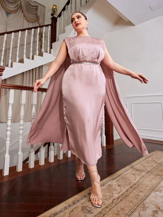 Plus Rhinestone Draped Slit Hem Dress Without Belt - Image 2