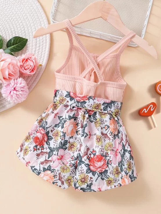 Baby Floral Print Crisscross Back Belted Cami Romper - Image 3
