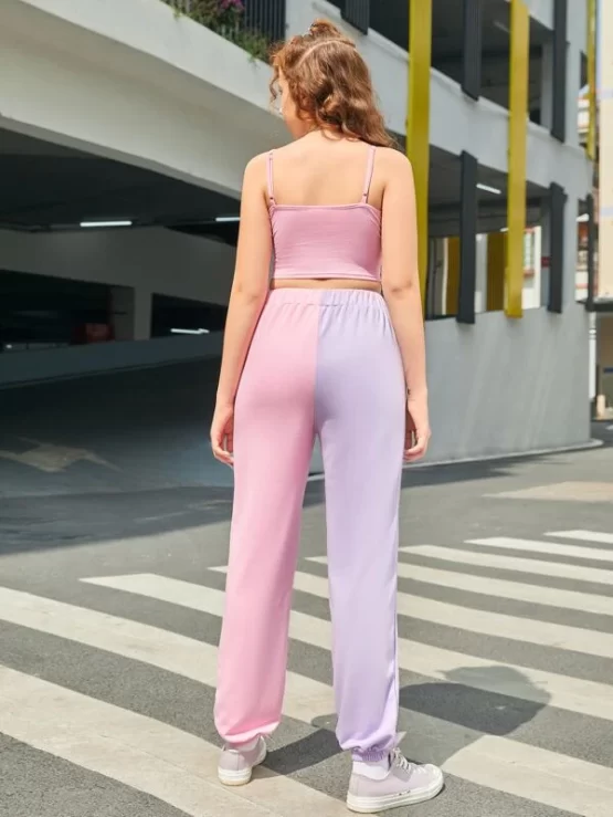 Teen Girls Butterfly and Letter Graphic Crop Cami Top & Spliced Joggers Set - Image 3