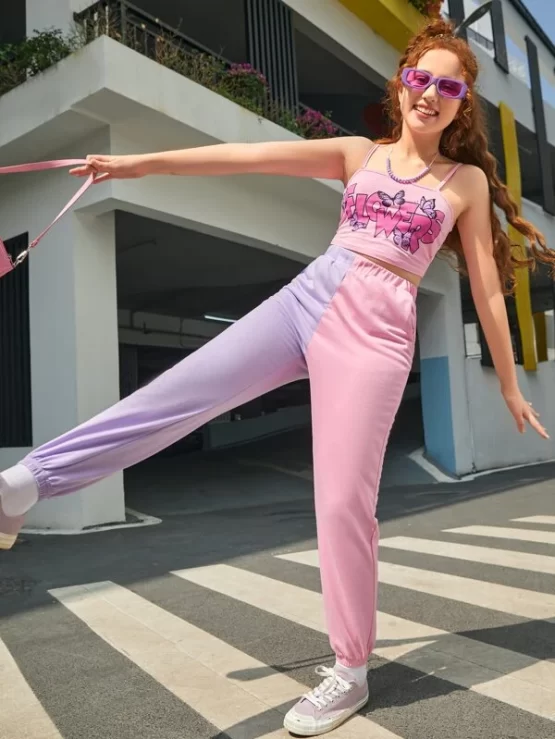 Teen Girls Butterfly and Letter Graphic Crop Cami Top & Spliced Joggers Set - Image 2