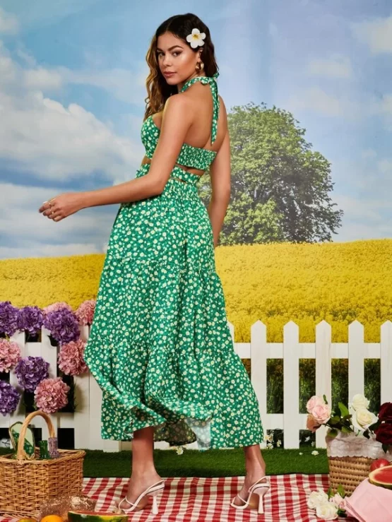 Ditsy Floral Shirred Tie Backless Halter Top & Skirt Set - Image 3