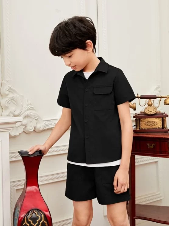 Boys 1pc Flap Pocket Shirt & 1pc Solid Tee & 1pc Shorts - Image 5