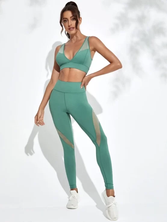 Sheer Mesh Insert Top-stitching Cut Out Backless Sports Set - Image 3