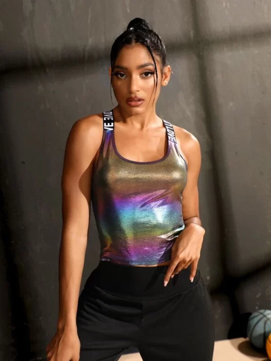Color-Changing Polarized Holographic Contrast Letter Tape Tie Back Sports Tank Top - Image 2