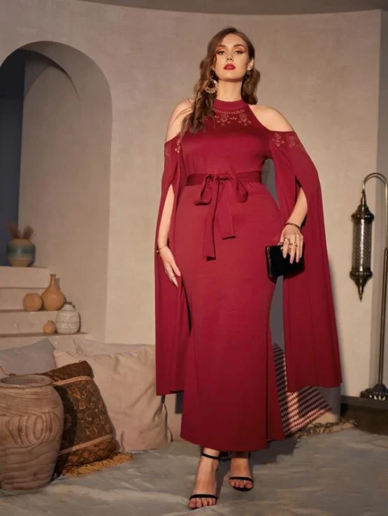 Plus Gold Floral Print Cold Shoulder Cloak Sleeve Dress - Image 3