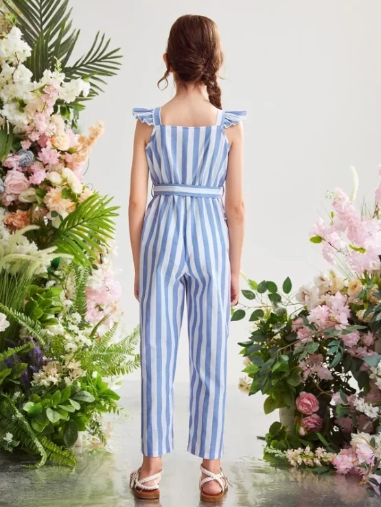 Girls Button Front Belted Striped Jumpsuit - Image 3