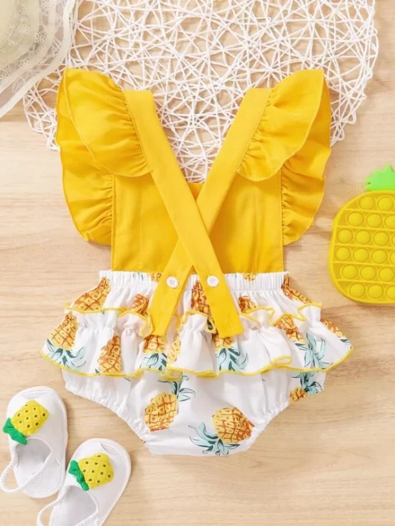 Baby Pineapple Print Ruffle Trim Overall Bodysuit - Image 2