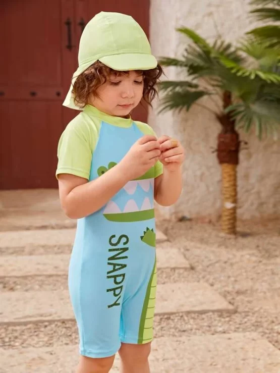 Toddler Boys Cartoon Crocodile Print One Piece Swimsuit With Cap - Image 3