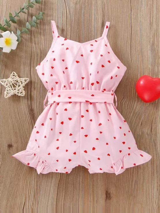Baby Heart Print Ruffle Hem Belted Cami Romper - Image 5