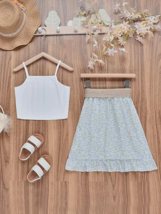 Girls Solid Cami Top & Ditsy Floral Ruffle Trim Belted Skirt - Image 3