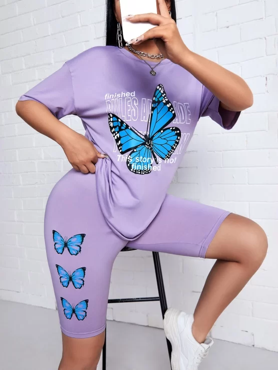 Slogan & Butterfly Print Tee & Biker Shorts - Image 4