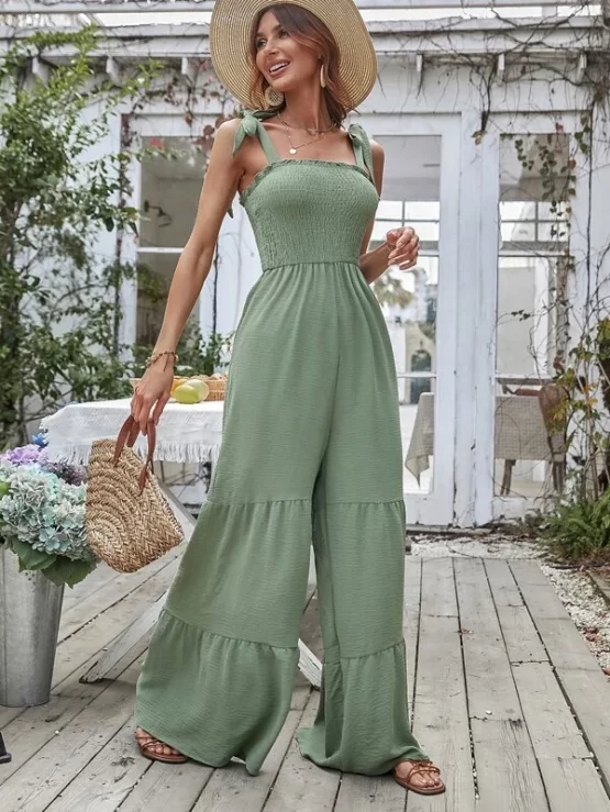 Shirred Tie Shoulder Wide Leg Cami Jumpsuit - Image 4