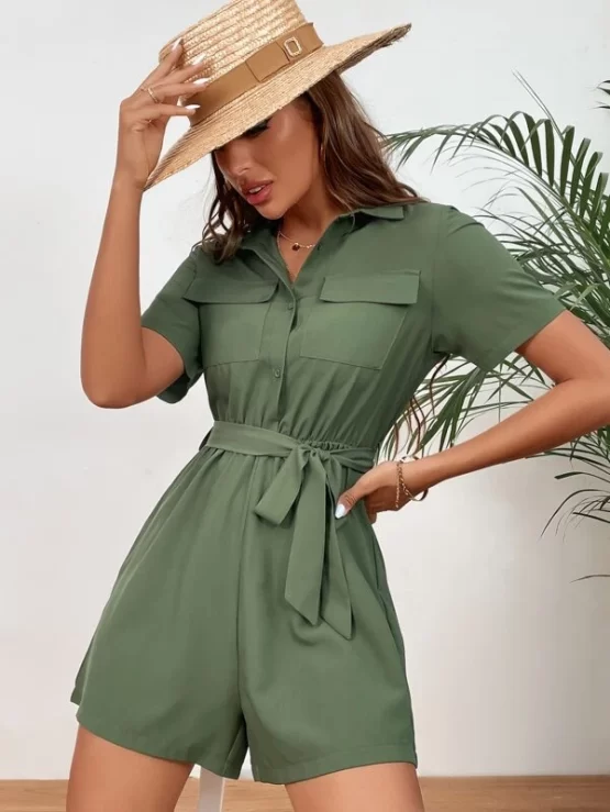 Solid Pocket Button Front Shirt Belted Romper