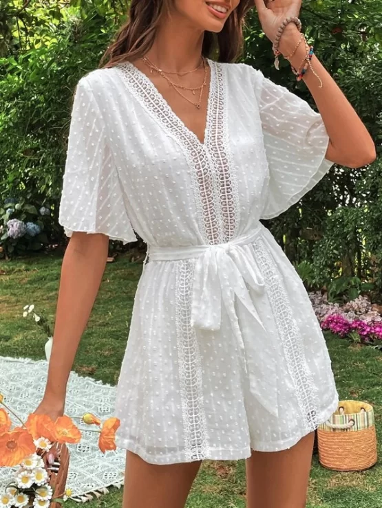 Swiss Dot Contrast Guipure Lace Belted Romper