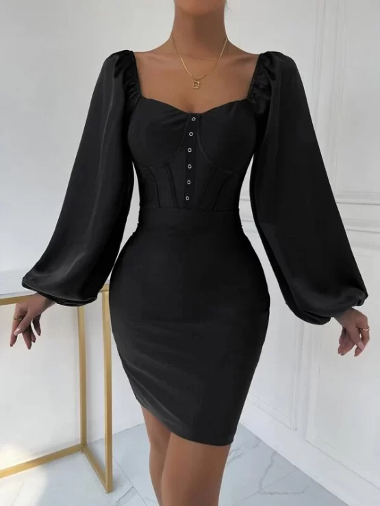 Lantern Sleeve Sweetheart Neck Contrast Tape Bustier Bodycon Dress