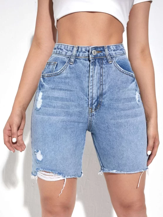 High Waist Ripped Raw Hem Denim Shorts