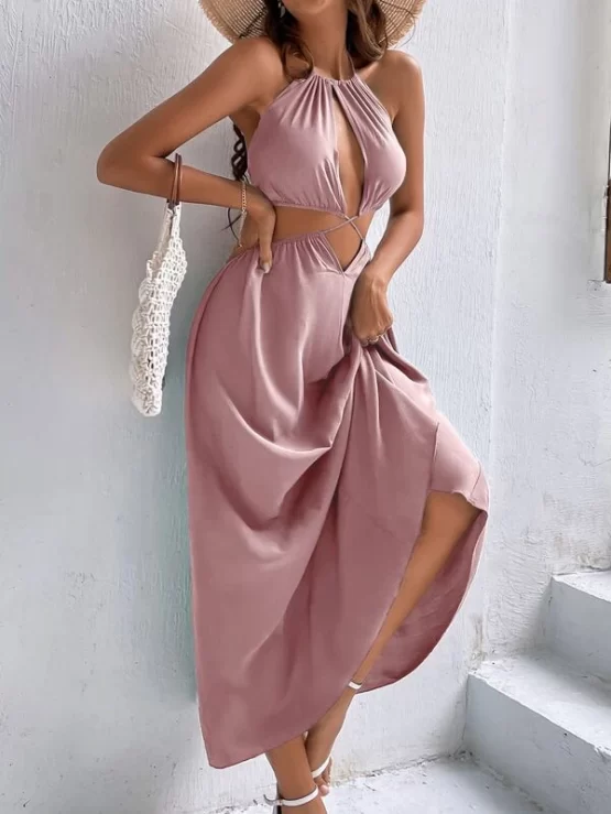 Crisscross Cut Out Tie Halter Backless Dress - Image 7