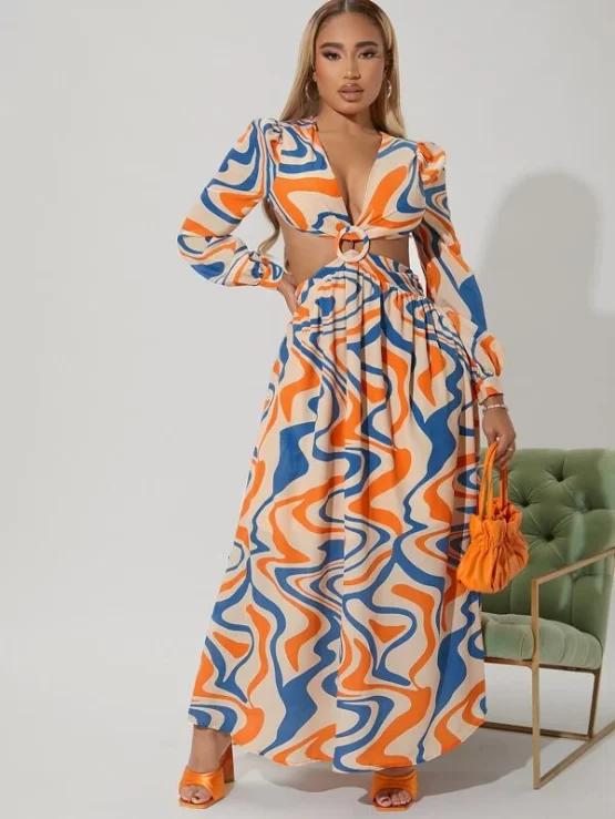 Marble Print Plunging Maxi Open Back Dress