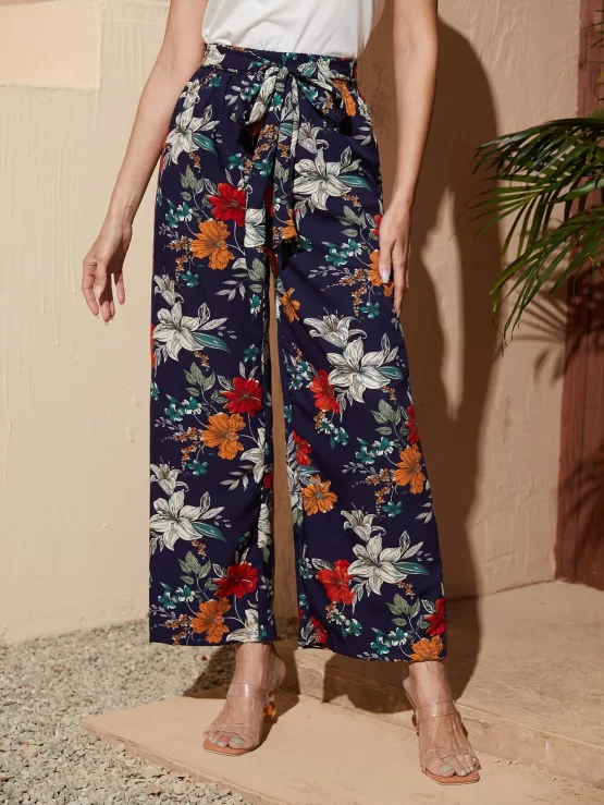 EMERY ROSE Self Belted Wide Leg Floral Print Pants - Image 4