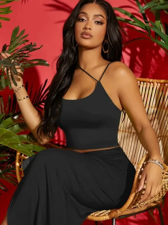 Solid Asymmetric Crop Slim Fit Neck Cami Top - Image 10