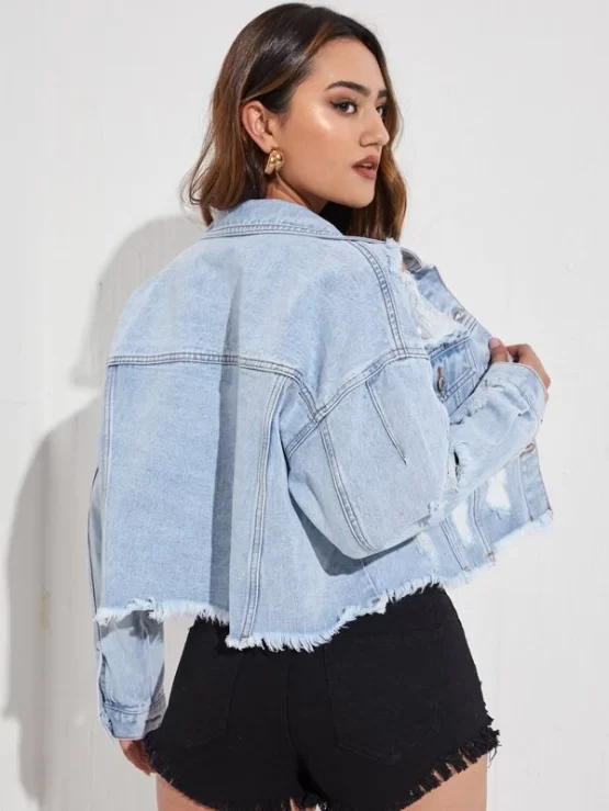 Raw Hem Ripped Button Front Denim Jacket - Image 4