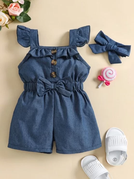 Baby Ruffle Trim Bow Front Romper With Headband - Image 4