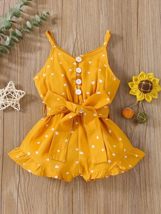 Baby Heart Print Ruffle Hem Belted Cami Romper - Image 4