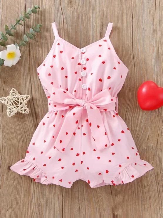 Baby Heart Print Ruffle Hem Belted Cami Romper - Image 7