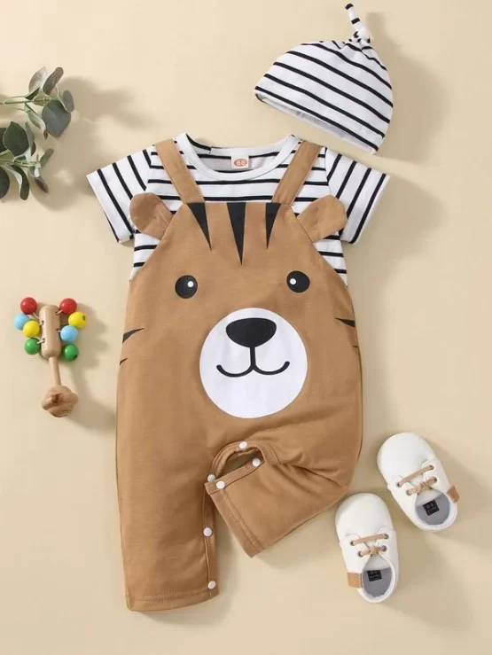 Baby Striped & Cartoon 3D Ear Design 2 In 1 Graphic Jumpsuit & Hat