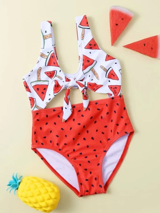 Baby Girl Watermelon Print Knot Front One Piece Swimsuit
