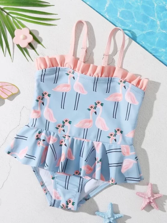 Baby Girl Flamingo Print Ruffle Hem One Piece Swimsuit