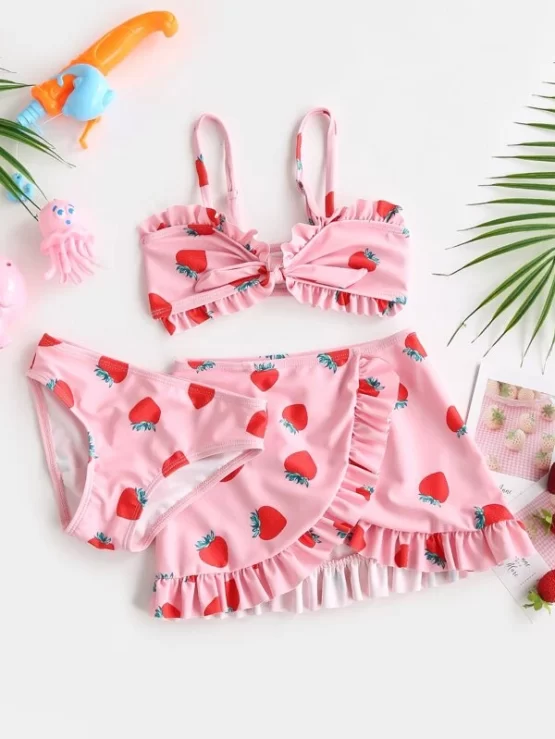 3pack Baby Girl Strawberry Print Ruffle Trim Bikini Swimsuit - Image 4