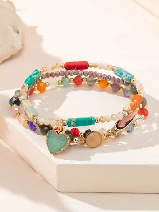 Three pieces Heart Charm Crystal Beaded Bracelet