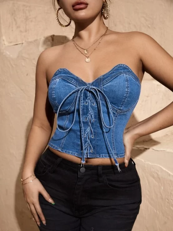 Lace Up Crop Slim Fit Front Tube Denim Top - Image 4
