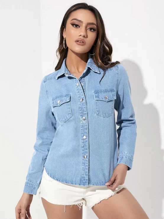 Button Up Plain Collar Flap Pocket Denim Top