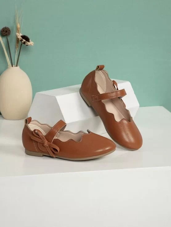 Girls Plain Leather Bow Mary Jane Decor Flats
