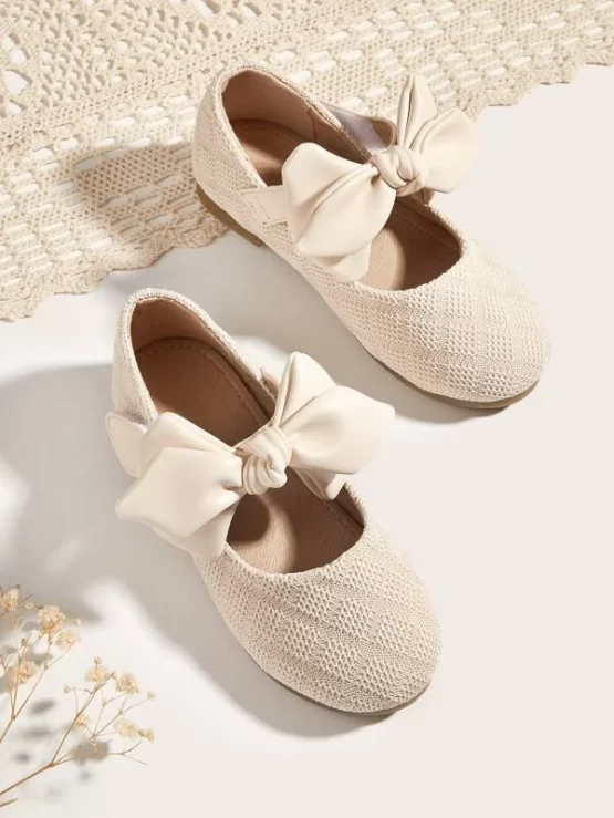 Toddler Girls Leather Beige Bow Decor Flats