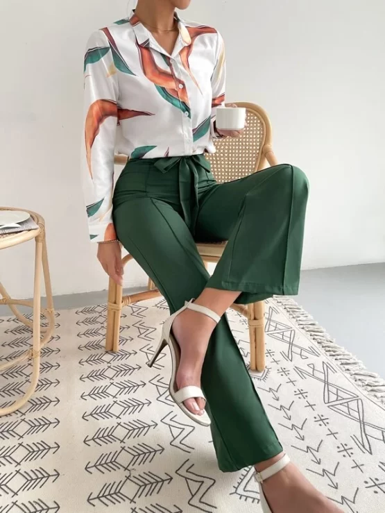 Random Print Button Up Blouse & Solid Belted Pants - Image 4