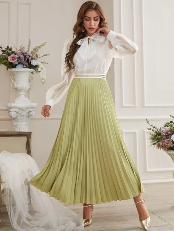 Tie Neck Puff Sleeve Blouse & Striped Tape Pleated Skirt