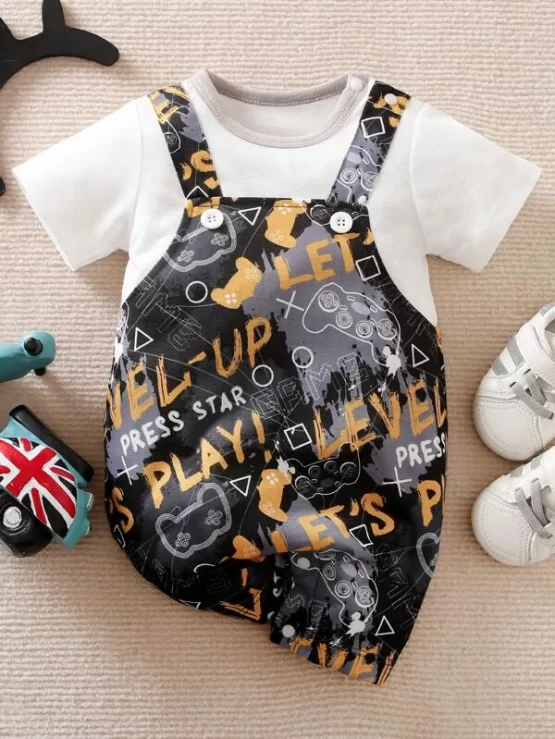 Baby Letter Button Graphic Two In One Romper
