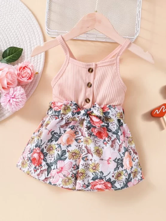 Baby Floral Print Crisscross Back Belted Cami Romper