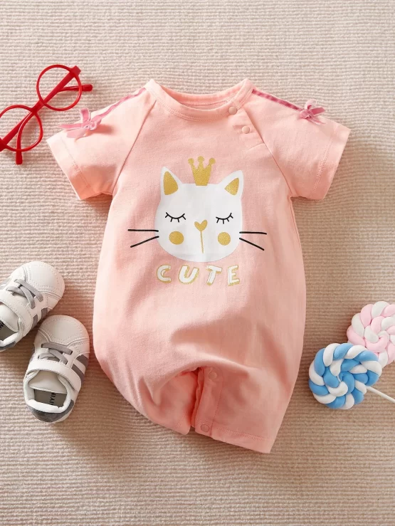 Yierying Baby Cat & Letter Contrast Tape Bow Graphic Romper