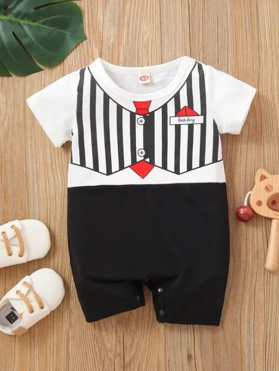 Baby Casual Striped & Letter Graphic Romper