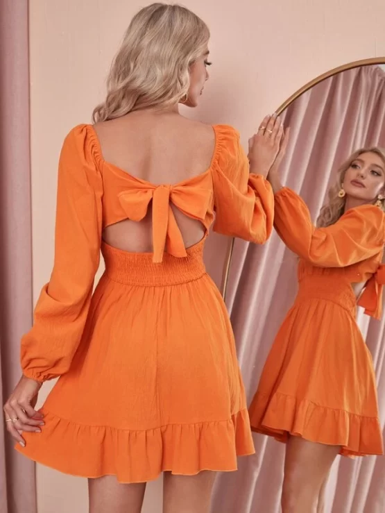 Neon Orange Tie Back Shirred Waist Ruffle Hem Dress